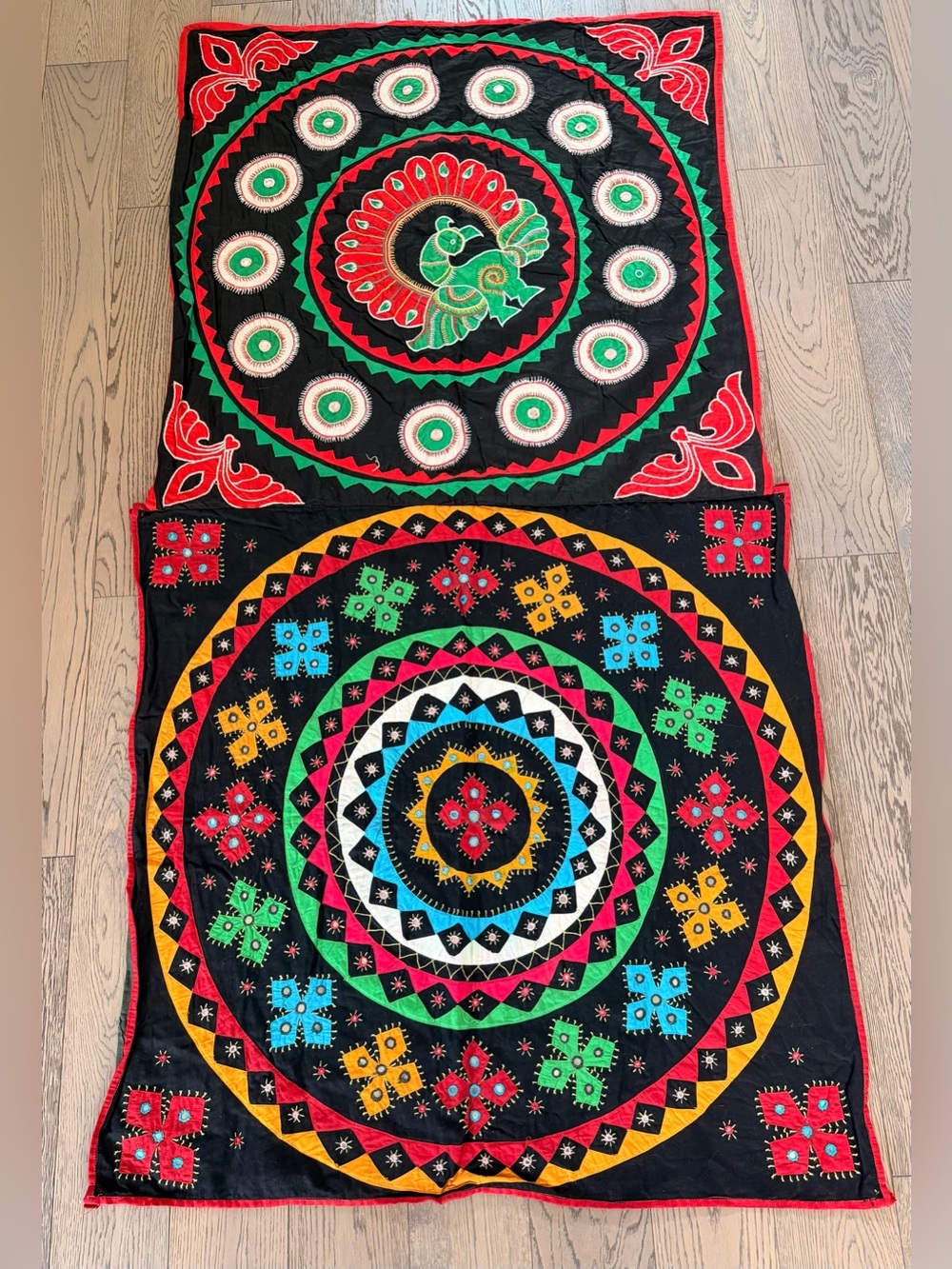 Indian-Style Peacock Embroidered Mirror Work Textile Wall Hanging